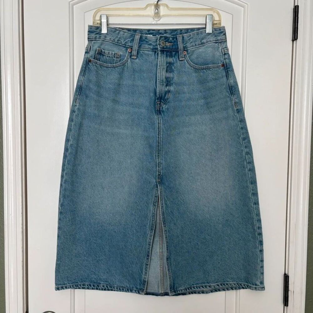 Old Navy High Rise Denim Midi Skirt Size 10 Front Slit